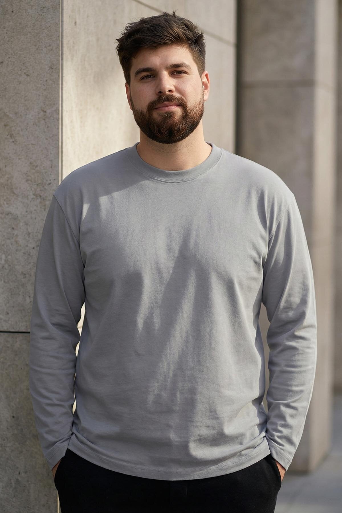 Image of Gri O Yaka Rahat Form Battal Büyük Beden Uzun Kollu Erkek T-Shirt - 88107