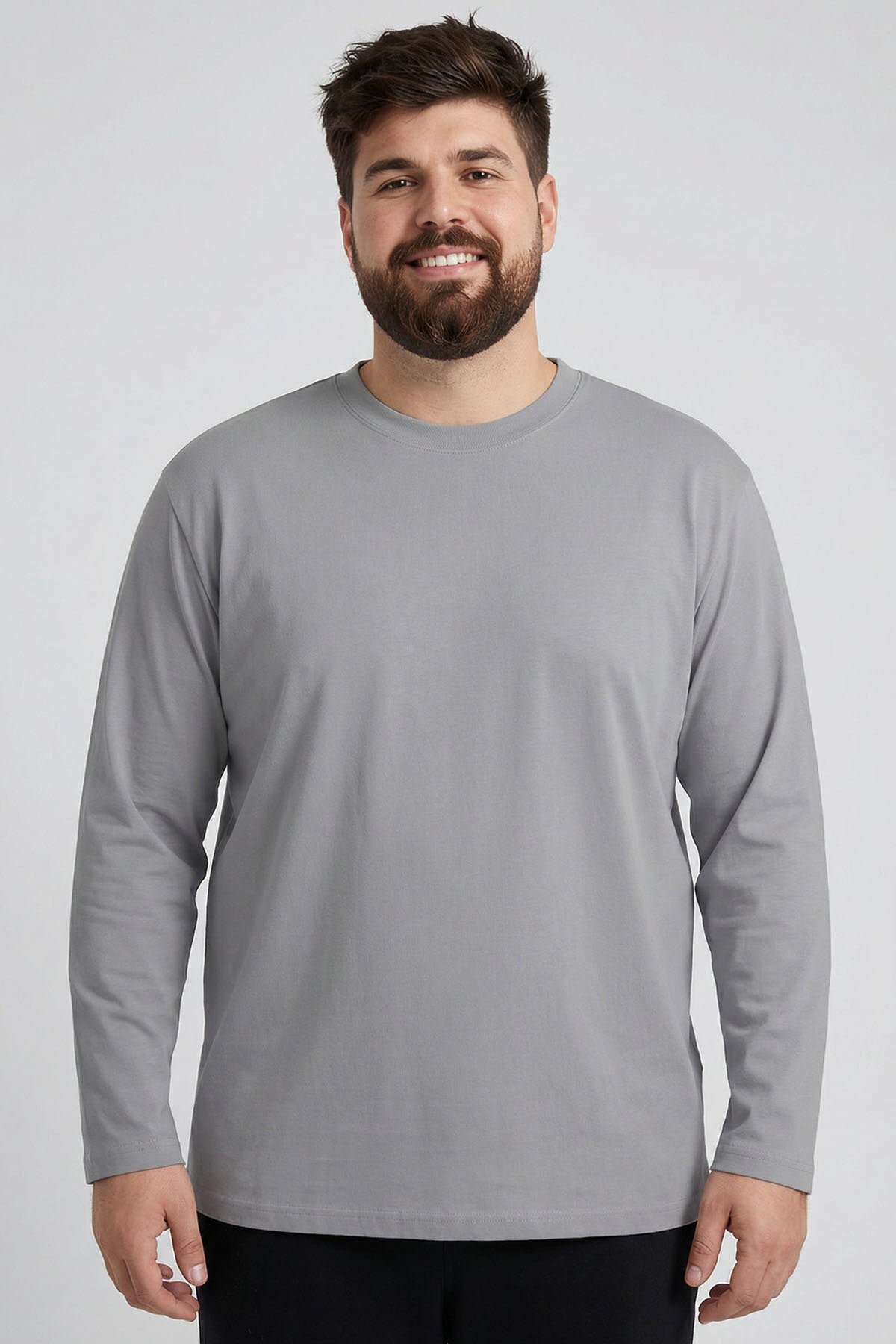 Image of Gri O Yaka Rahat Form Battal Büyük Beden Uzun Kollu Erkek T-Shirt - 88107