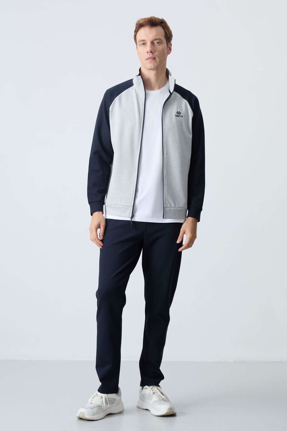 Image of Trening bărbătesc gri bleumarin, cu guler înalt, croială lejeră, bicolor, model clasic - 85113