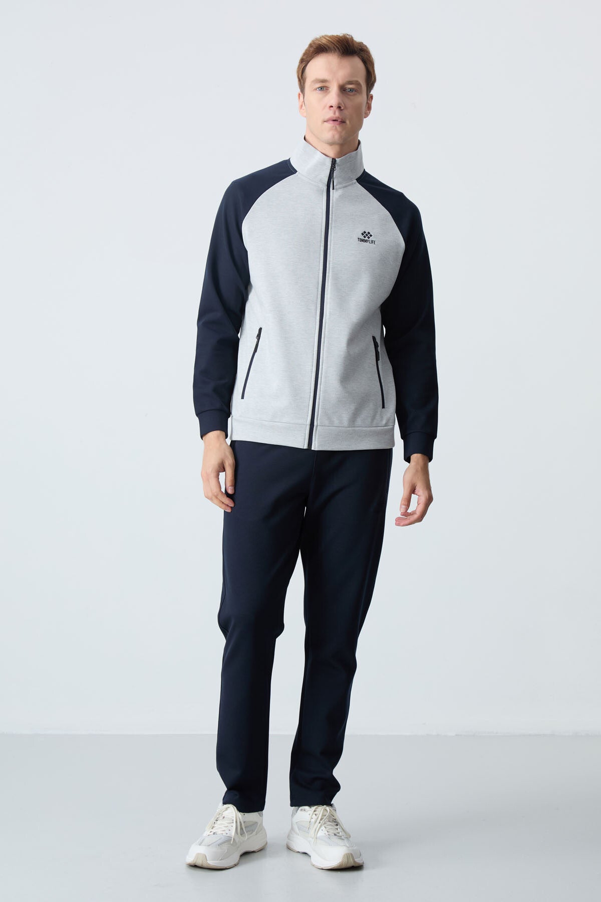 Image of Trening bărbătesc gri bleumarin, cu guler înalt, croială lejeră, bicolor, model clasic - 85113