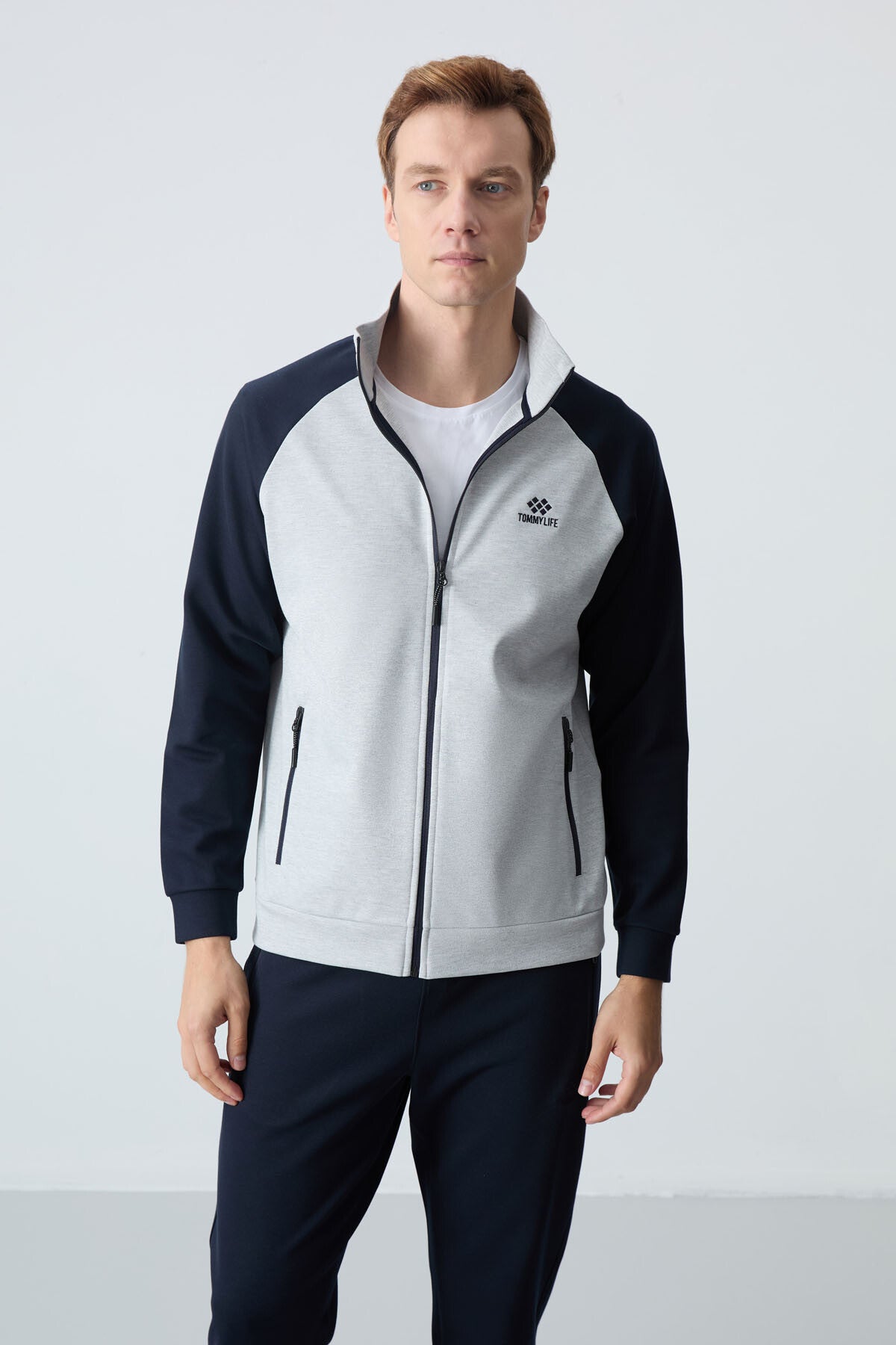Image of Trening bărbătesc gri bleumarin, cu guler înalt, croială lejeră, bicolor, model clasic - 85113