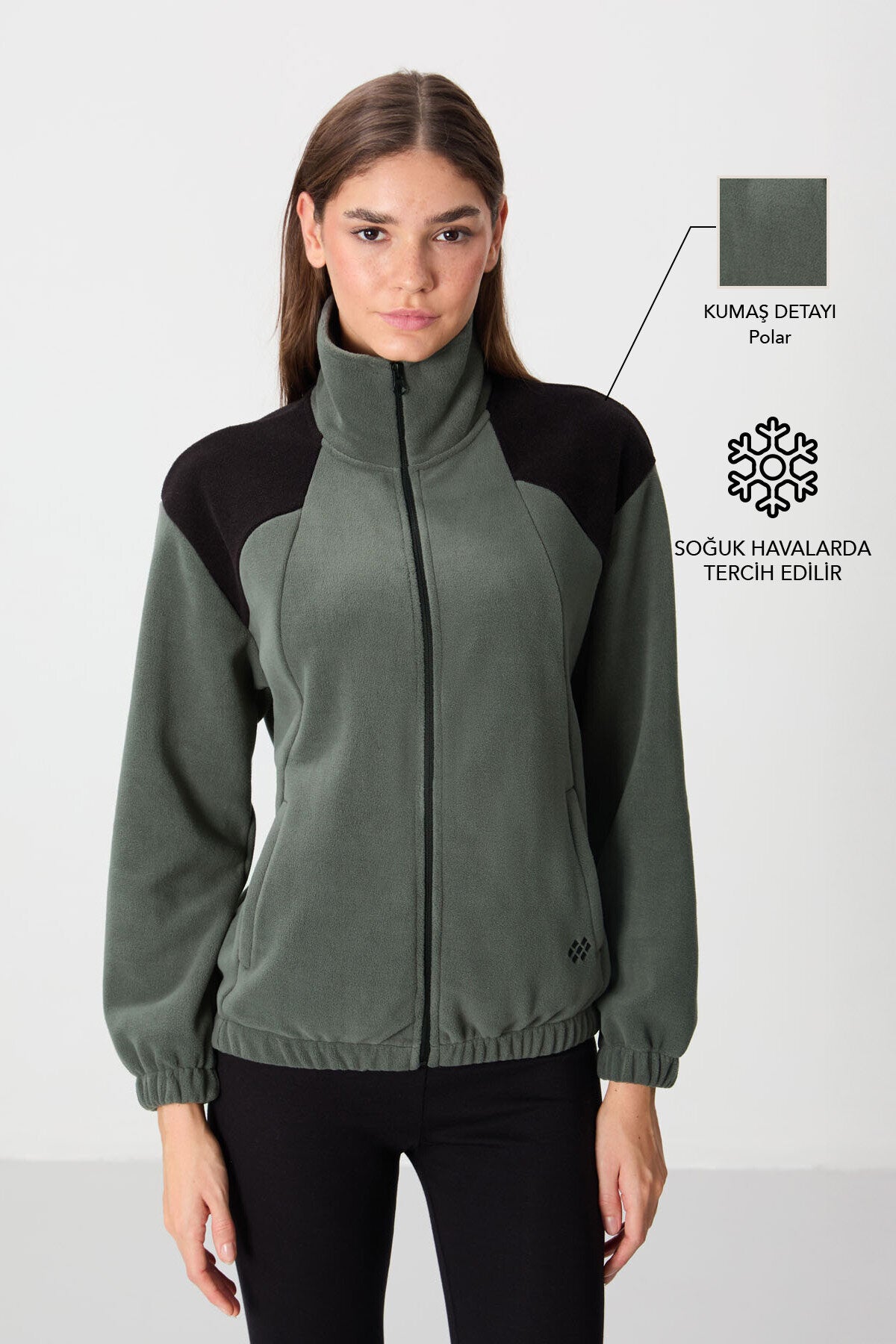 Image of Haki Kalın Yumuşak Dokulu Dik Yaka Oversize Nakışlı Polar Kadın Sweatshirt - 97293