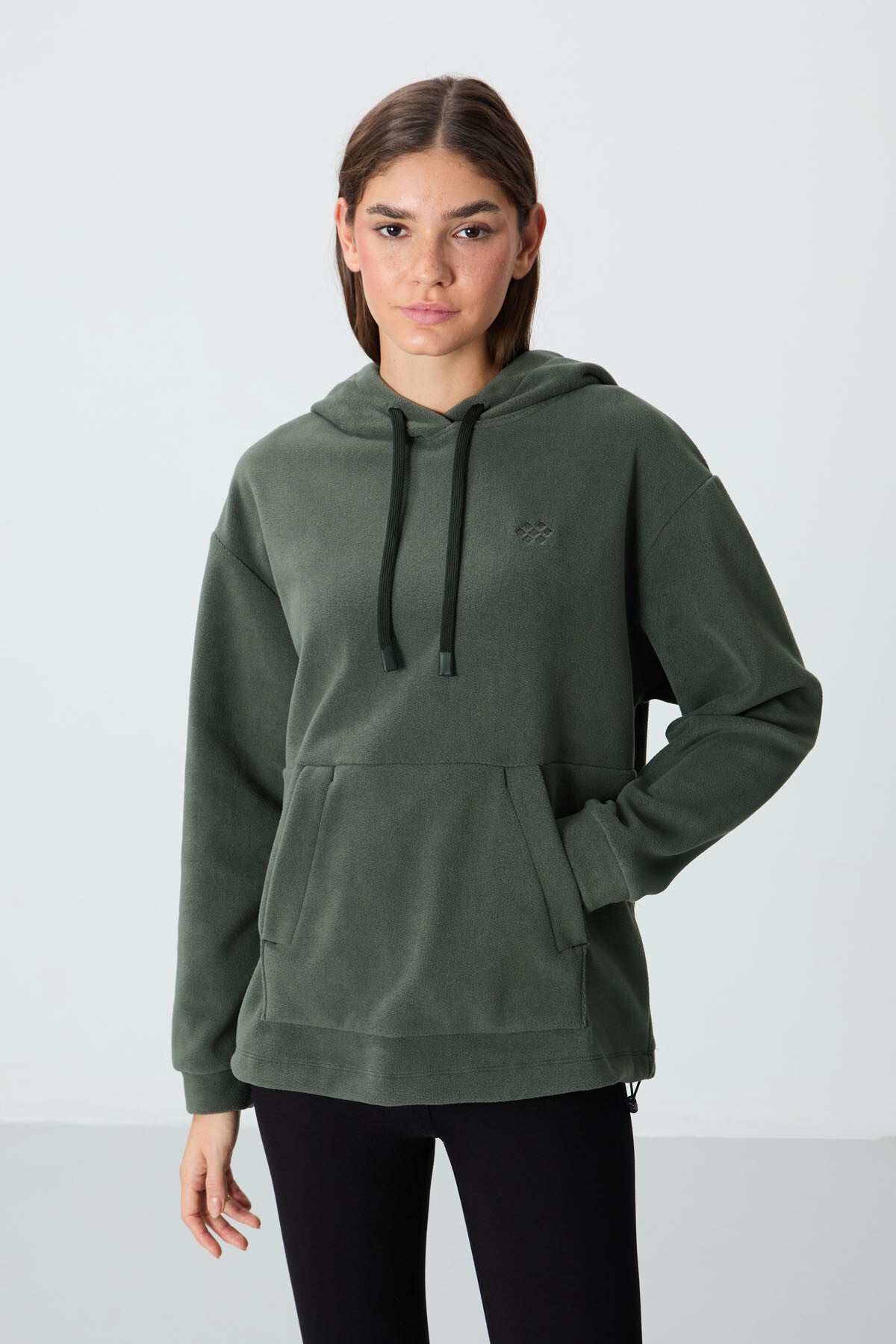 Image of Haki Kalın Yumuşak Dokulu Kapüşonlu Oversize Nakışlı Polar Kadın Sweatshirt - 97292