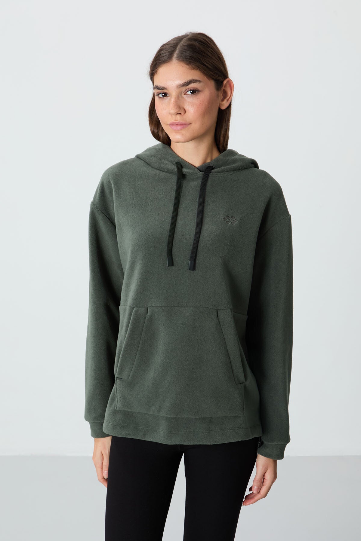 Image of Haki Kalın Yumuşak Dokulu Kapüşonlu Oversize Nakışlı Polar Kadın Sweatshirt - 97292