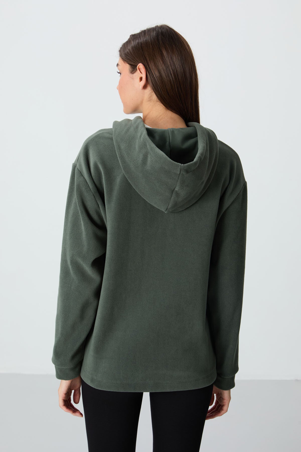 Image of Haki Kalın Yumuşak Dokulu Kapüşonlu Oversize Nakışlı Polar Kadın Sweatshirt - 97292