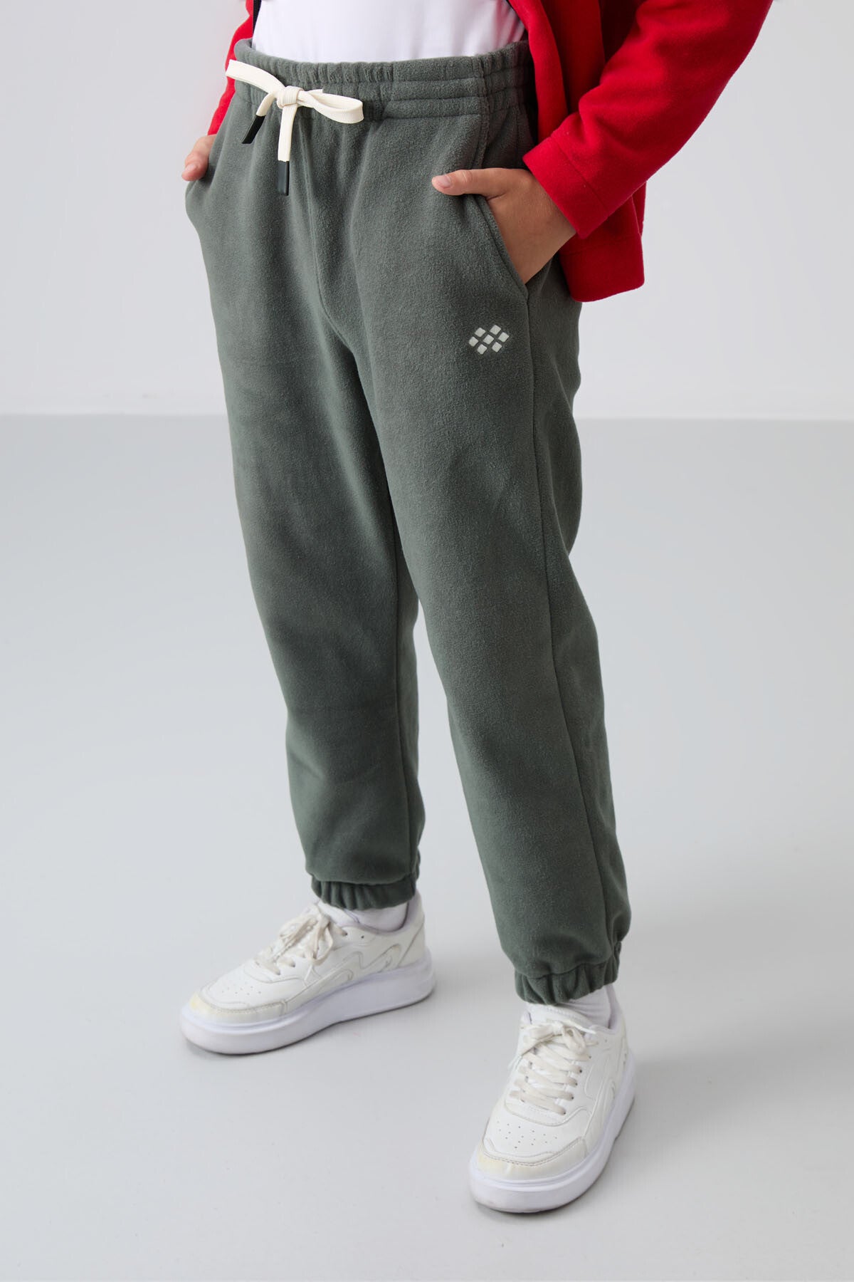 Image of Khaki Thick Soft Textured Standard Fit Embroidered Fleece Boys' Sweatpants - 11220