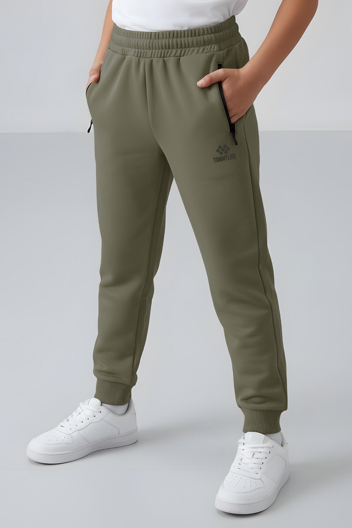 Image of Haki Fermuarlı Standart Fit İnce Erkek Çocuk Eşofman Alt - 64042