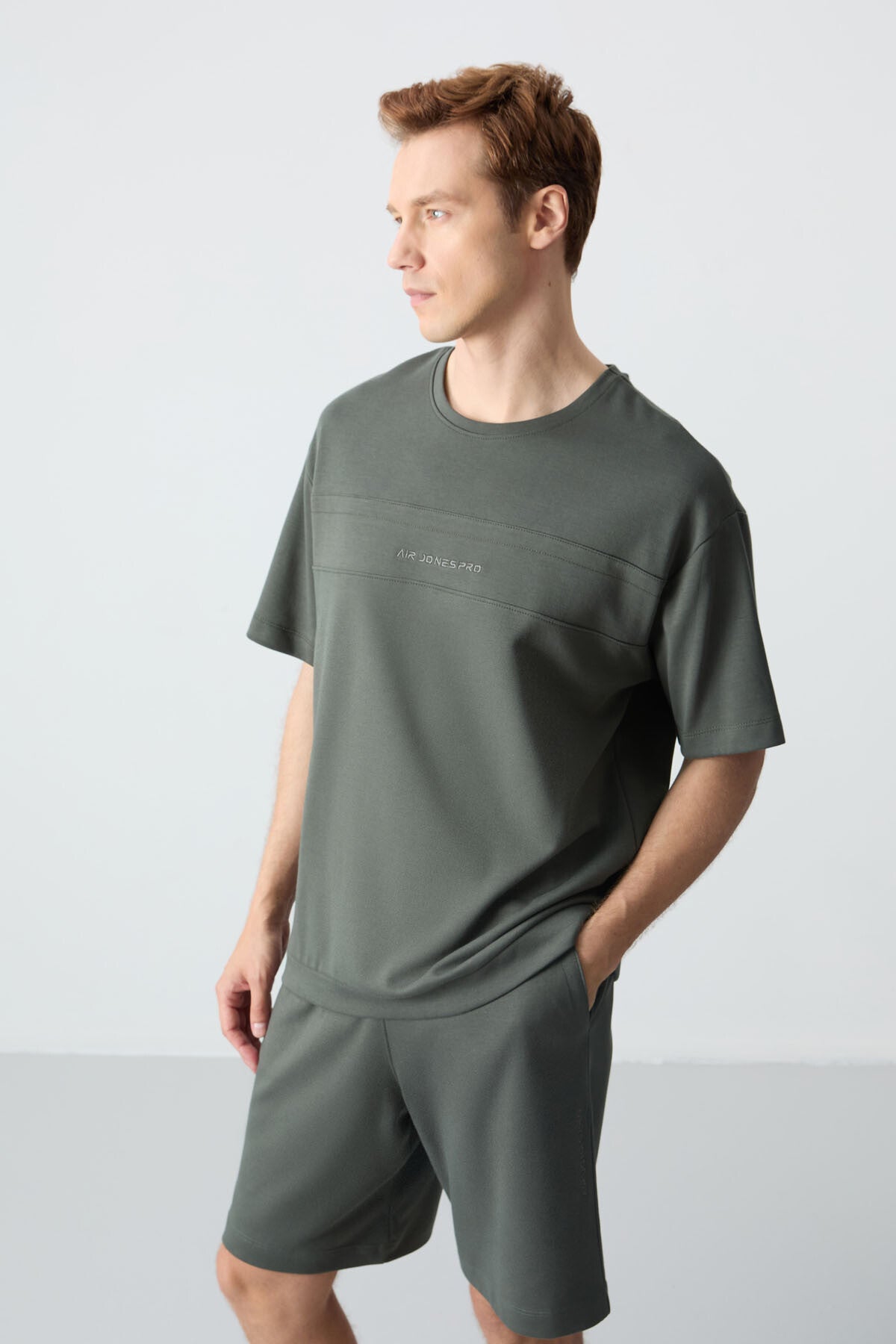 Image of Haki Pamuklu Kalın Yumuşak Dokulu Oversize Fit Basic Erkek Şort Takım - 85257