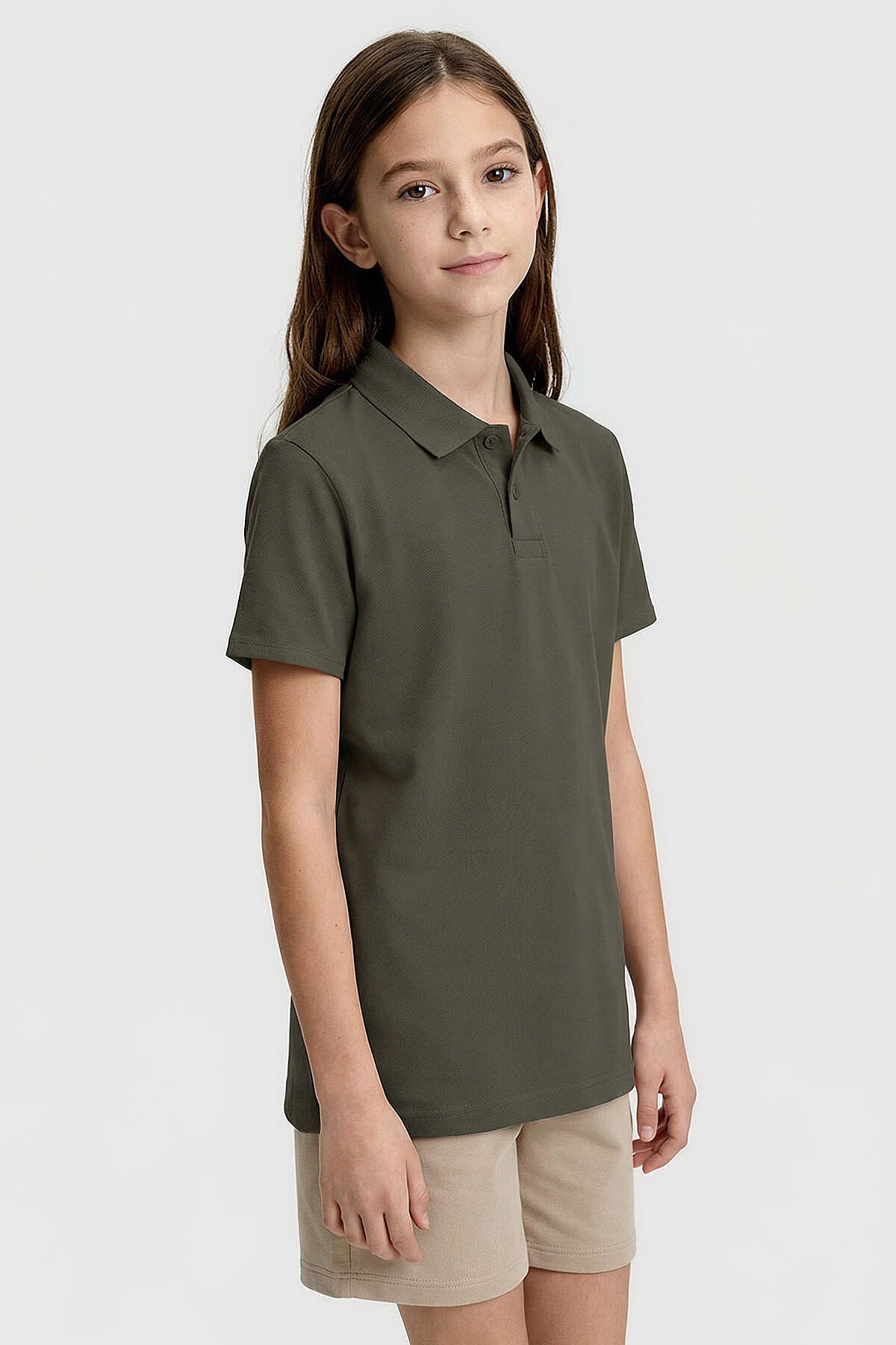 Image of Haki Polo Yaka Standart Fit Basic Unisex Çocuk T-Shirt - 11330