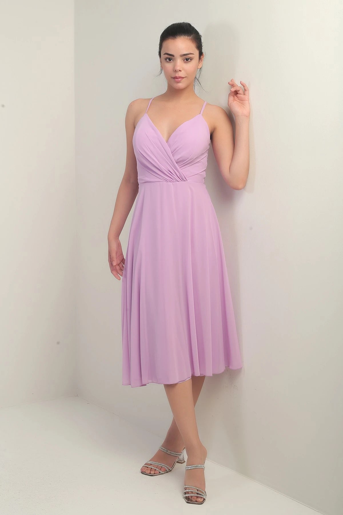 Image of Women's Strappy Wrap Neckline Lined Lace-Up Back Flared Chiffon Dress