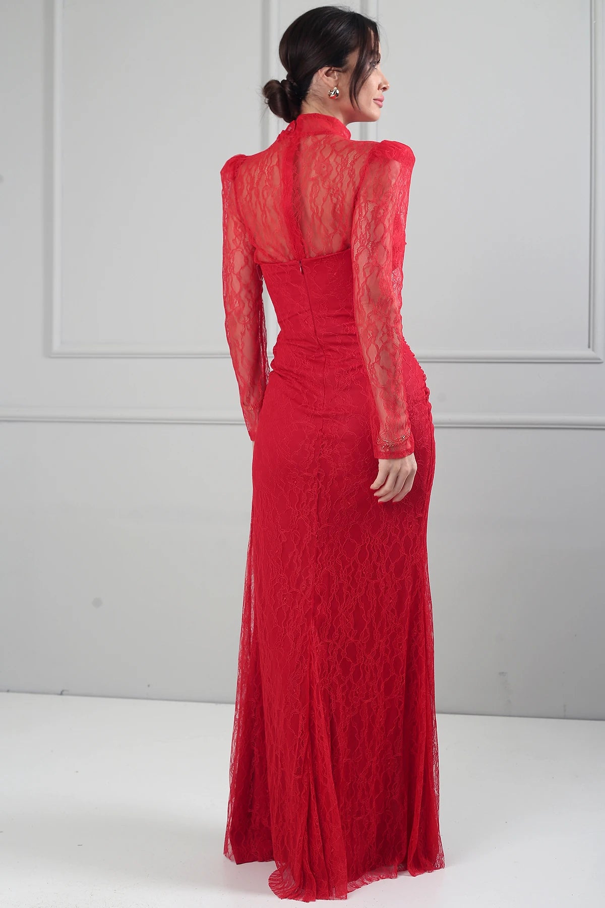 Image of Kadın 3 Parçalı Tasarım Abiye Straplez Önü Büzgülü Astarlı Uzun Elbise Dik Yaka Dantel Bluz