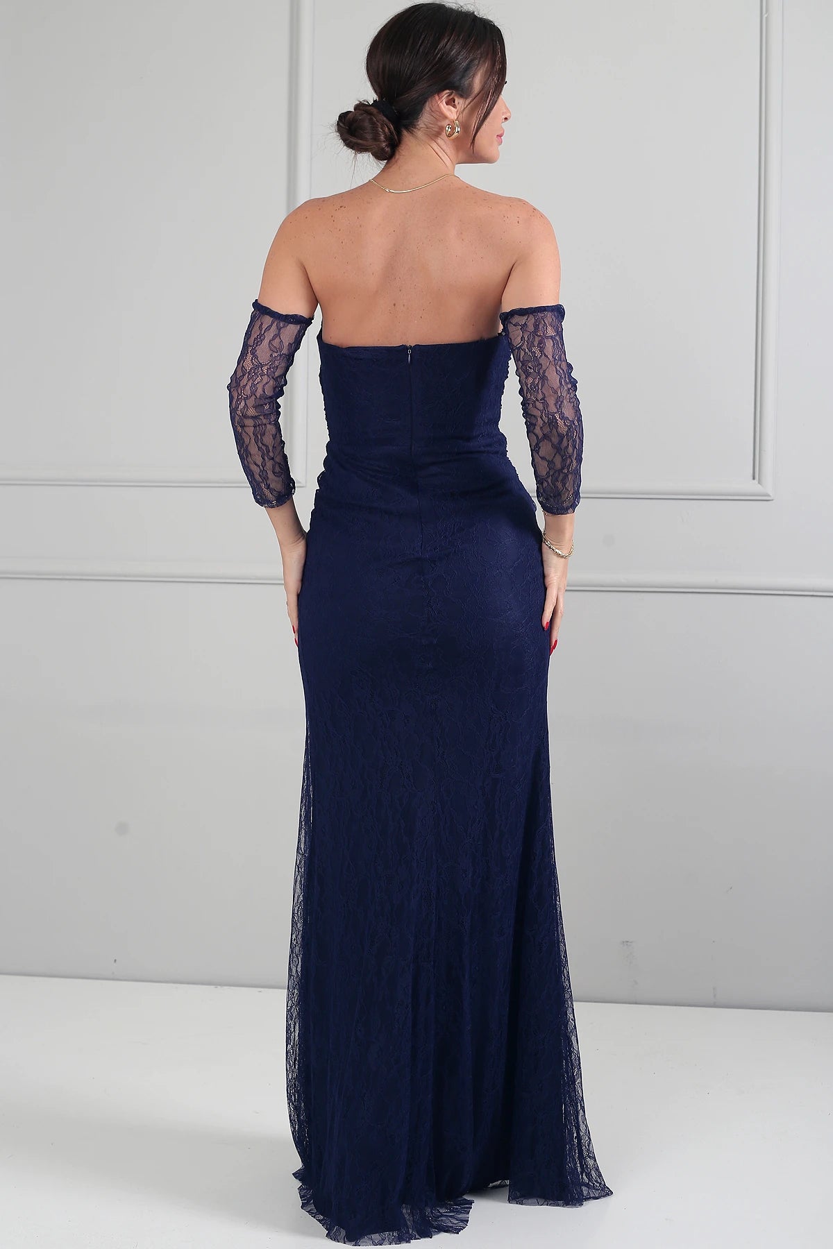 Image of Kadın 3 Parçalı Tasarım Abiye Straplez Önü Büzgülü Astarlı Uzun Elbise Dik Yaka Dantel Bluz