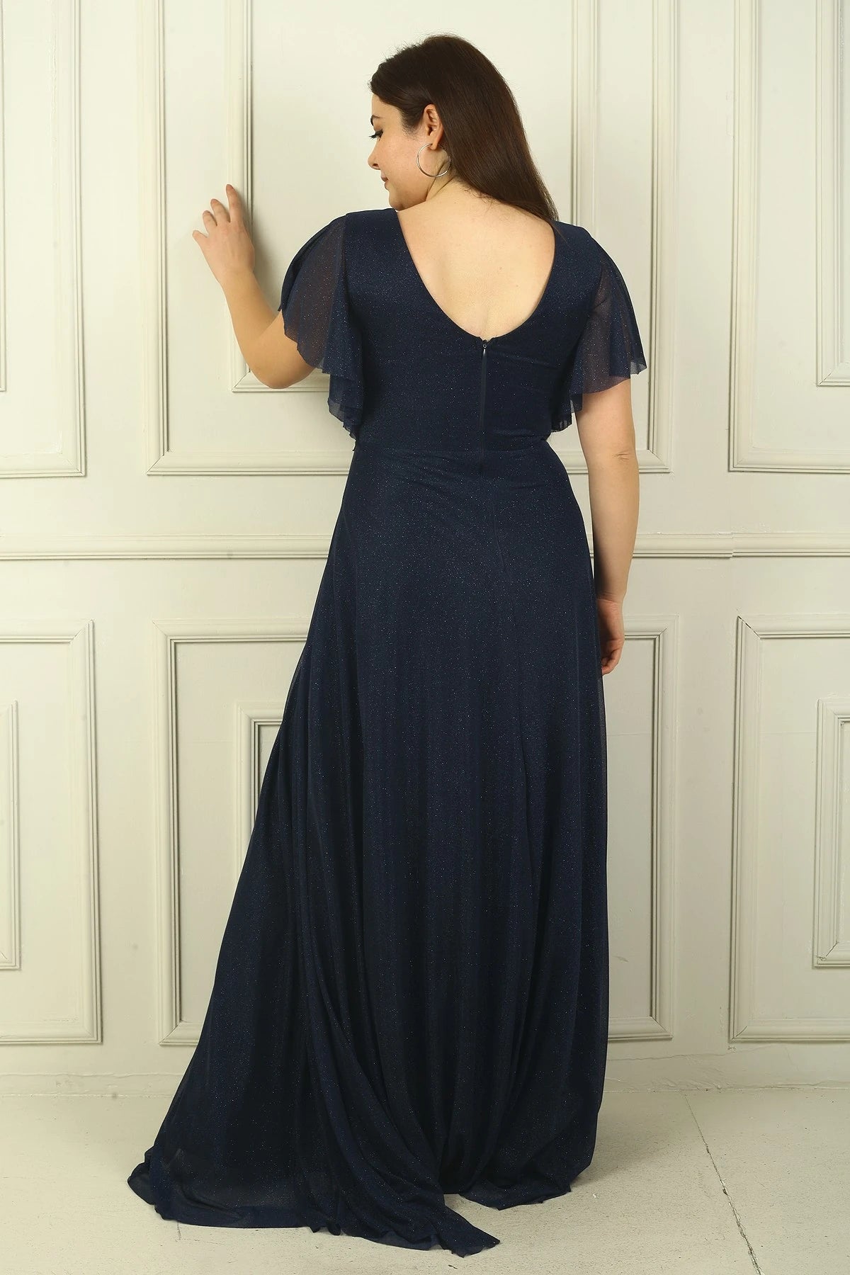 Image of Women's Front and Back V-Neck Waist Embellished, Lined, Glittery Plus Size Evening Dress