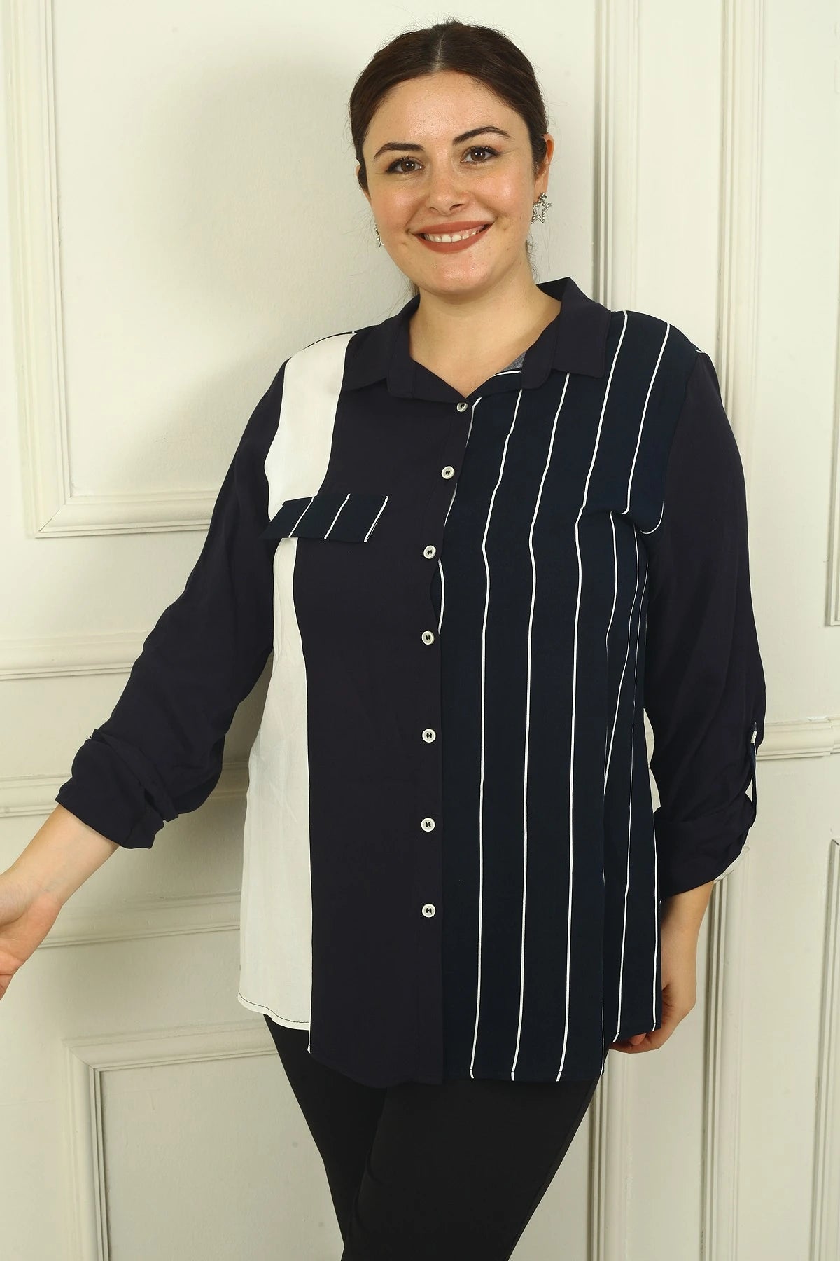 Image of Women's Single Pocket, Fold-Up Sleeve Striped BB Shirt