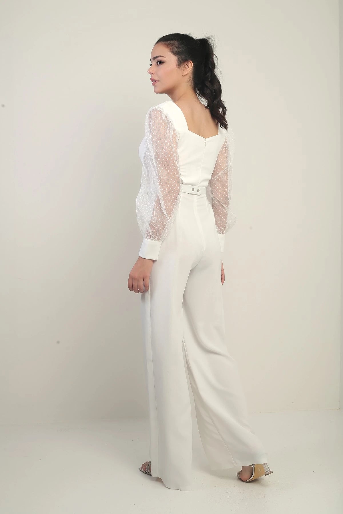 Image of Women's Sweetheart Neckline Long Tulle Sleeved Belted Palazzo Crepe Jumpsuit