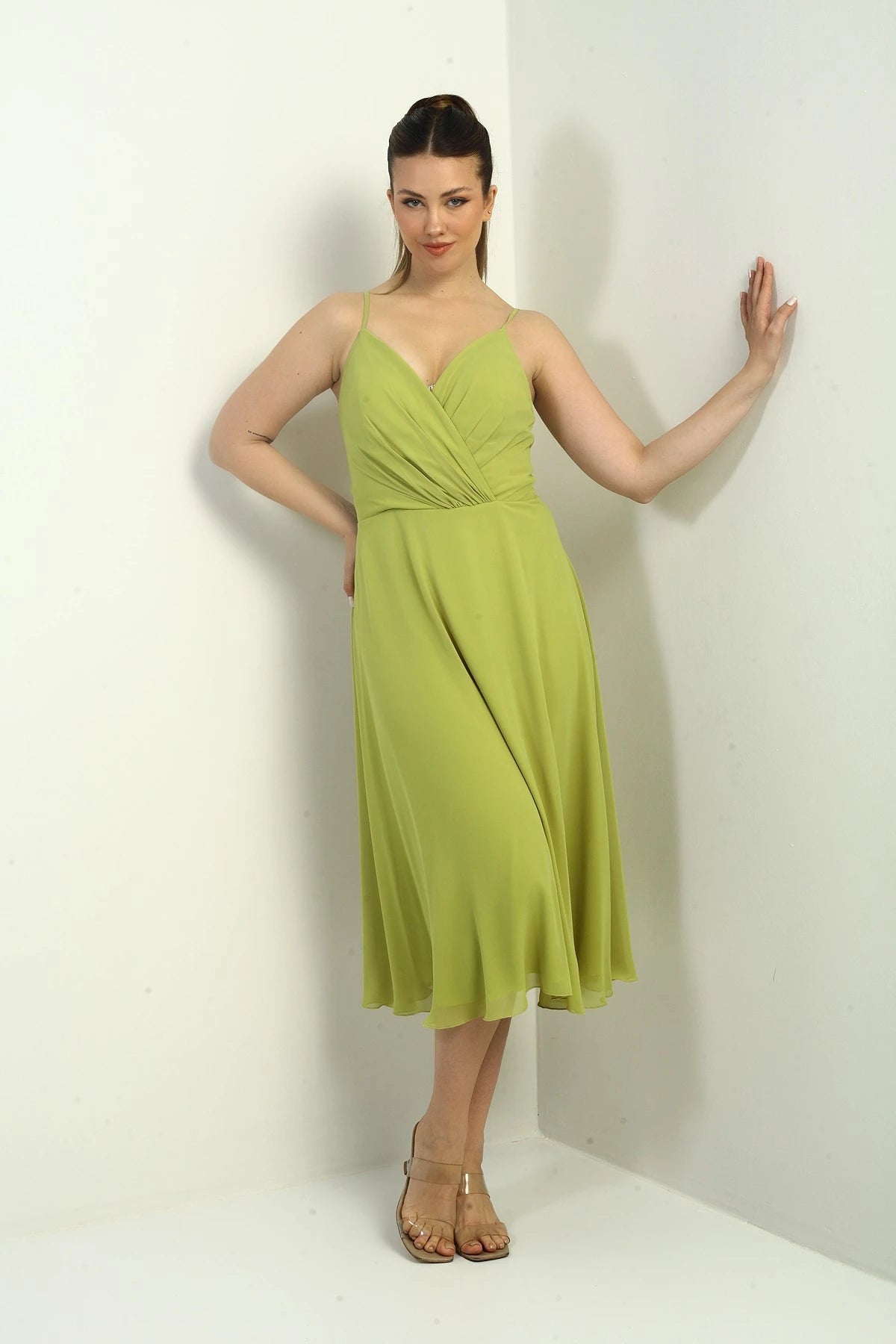Image of Women's Strappy Wrap Neckline Lined Lace-Up Back Flared Chiffon Dress
