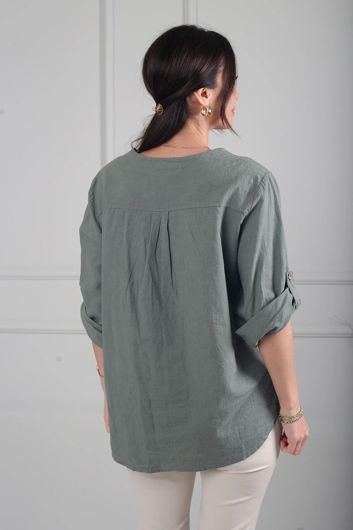 Image of Kadın Düğme Detaylı İtalyan Cotton Oversize Bluz