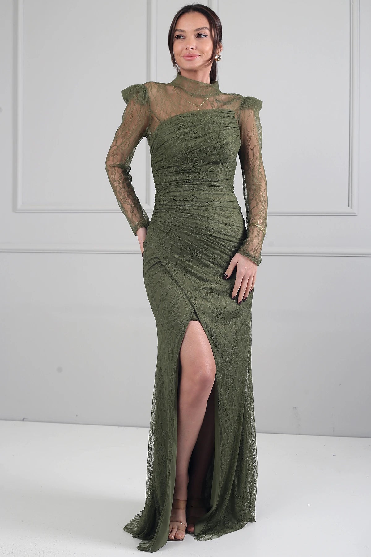 Image of Kadın 3 Parçalı Tasarım Abiye Straplez Önü Büzgülü Astarlı Uzun Elbise Dik Yaka Dantel Bluz