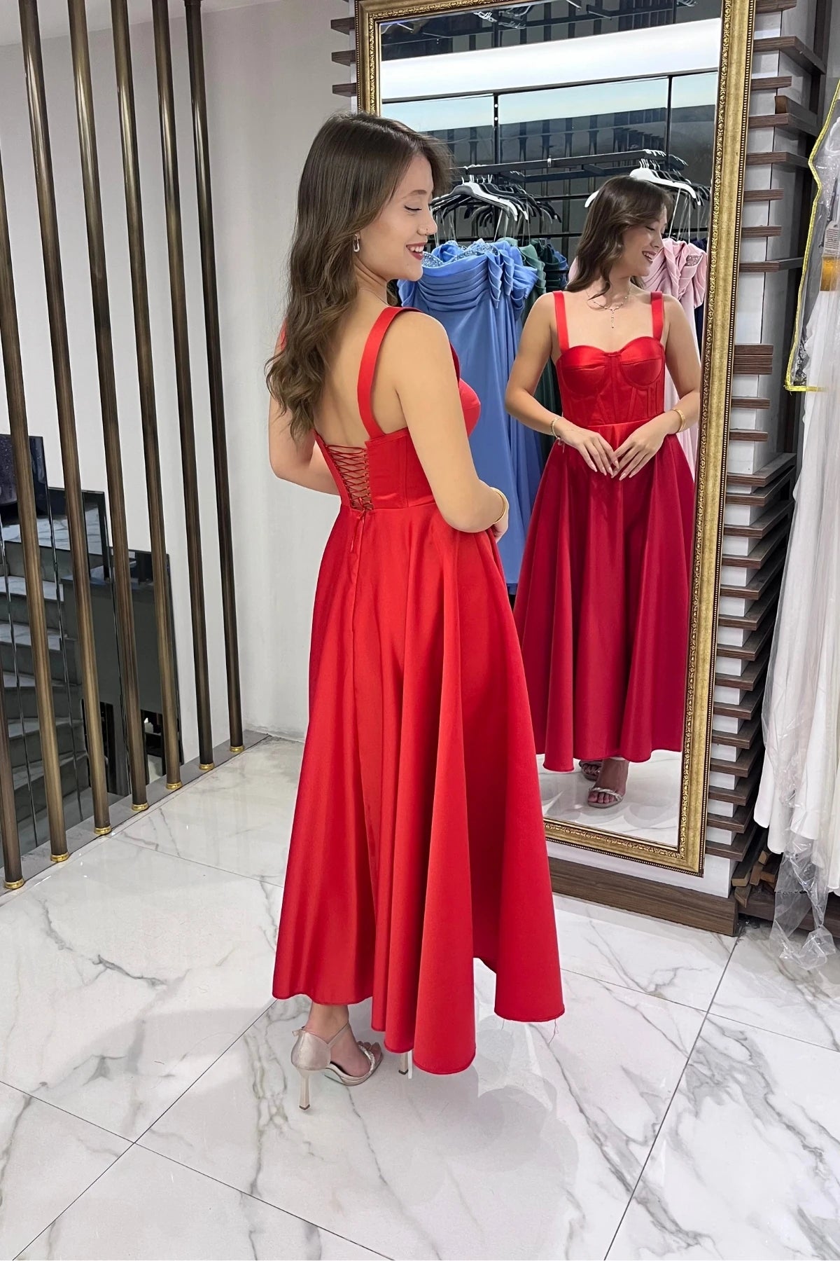 Image of Women's Strappy Back Lace-up Corset Satin Flared Midi Dress
