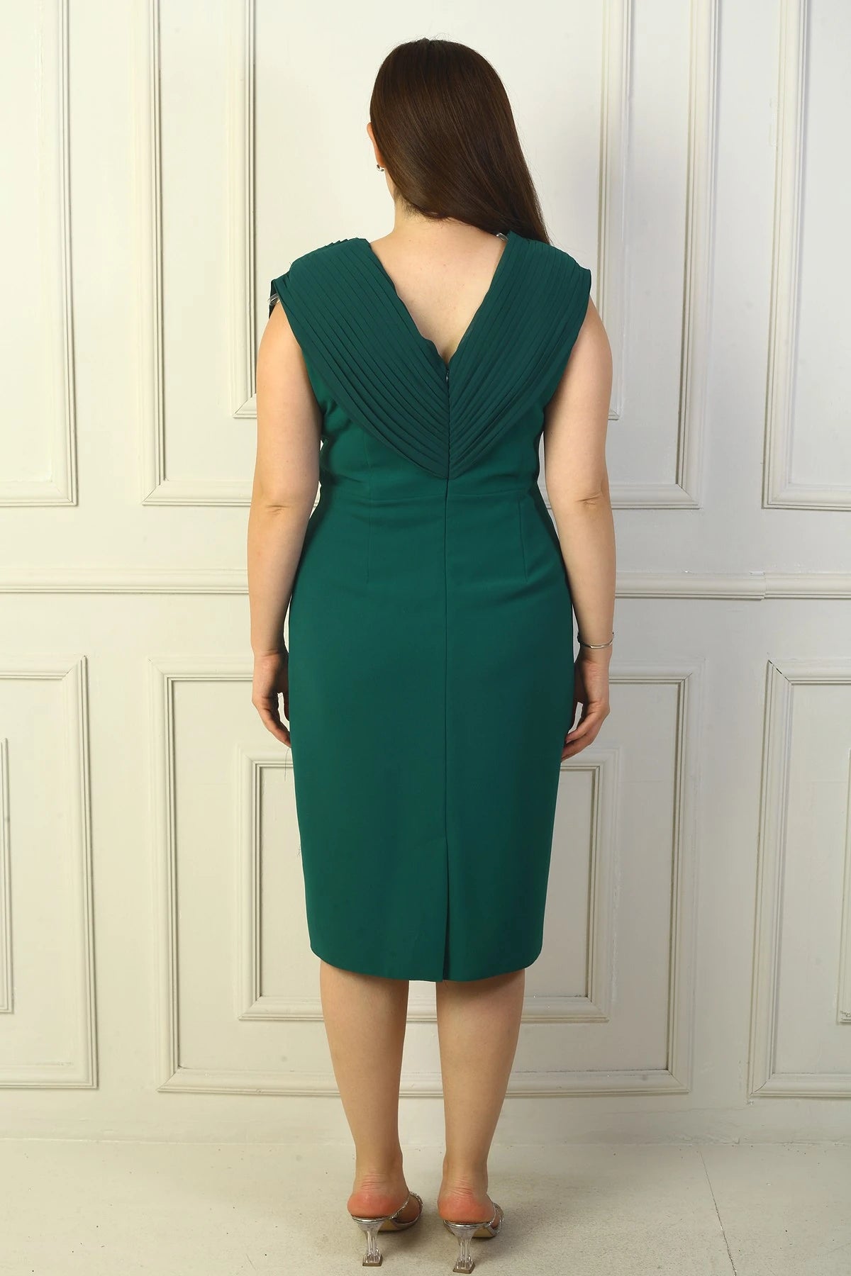 Image of Women's Front and Back V-Neck, One-Head Embellished, Cross-Pleated BB Dress