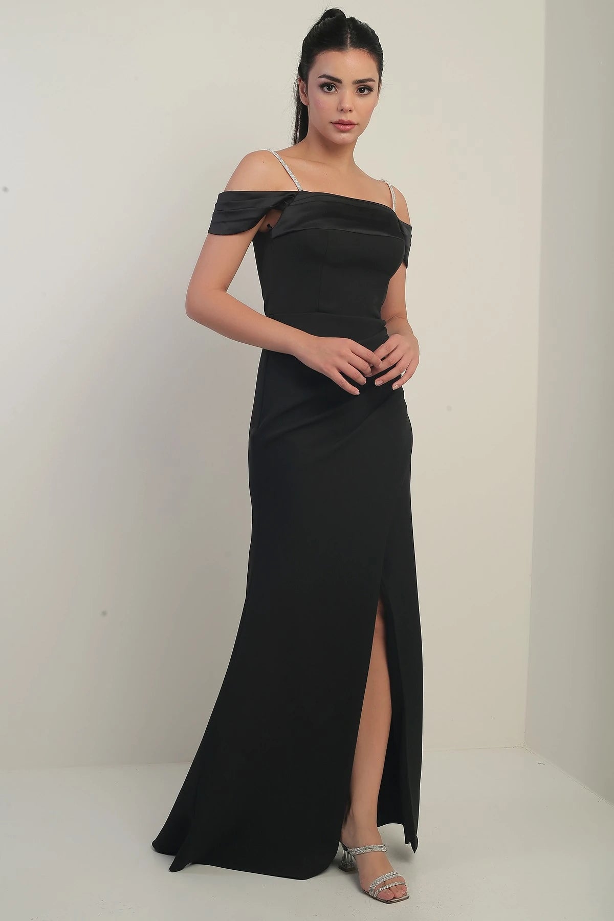 Image of Women's Embellished Thin Strap, Dropped Sleeve Satin Madonna Neckline Lined Draped Double Fishtail Dress
