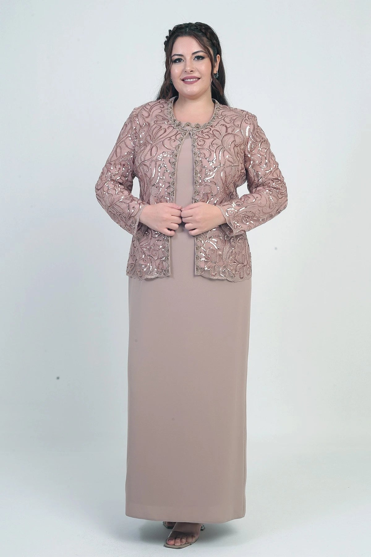 Image of Women's Sequin Embellished Beaded Tulle Jacket, Half-Moon Sleeve Long Dress, Lined Crepe, Plus Size 2-Piece Set