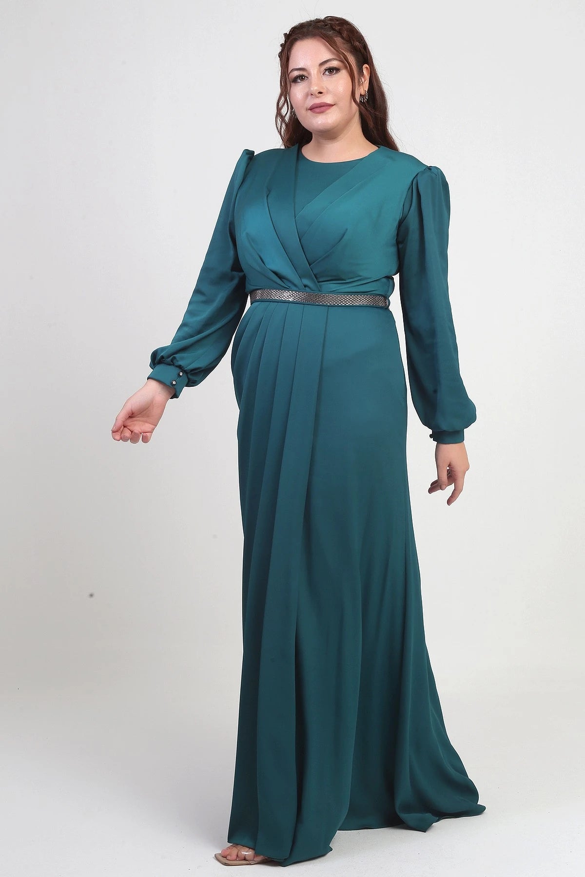 Image of Women's Wrap-Neck Look Pleated Lined Long Satin BB Dress