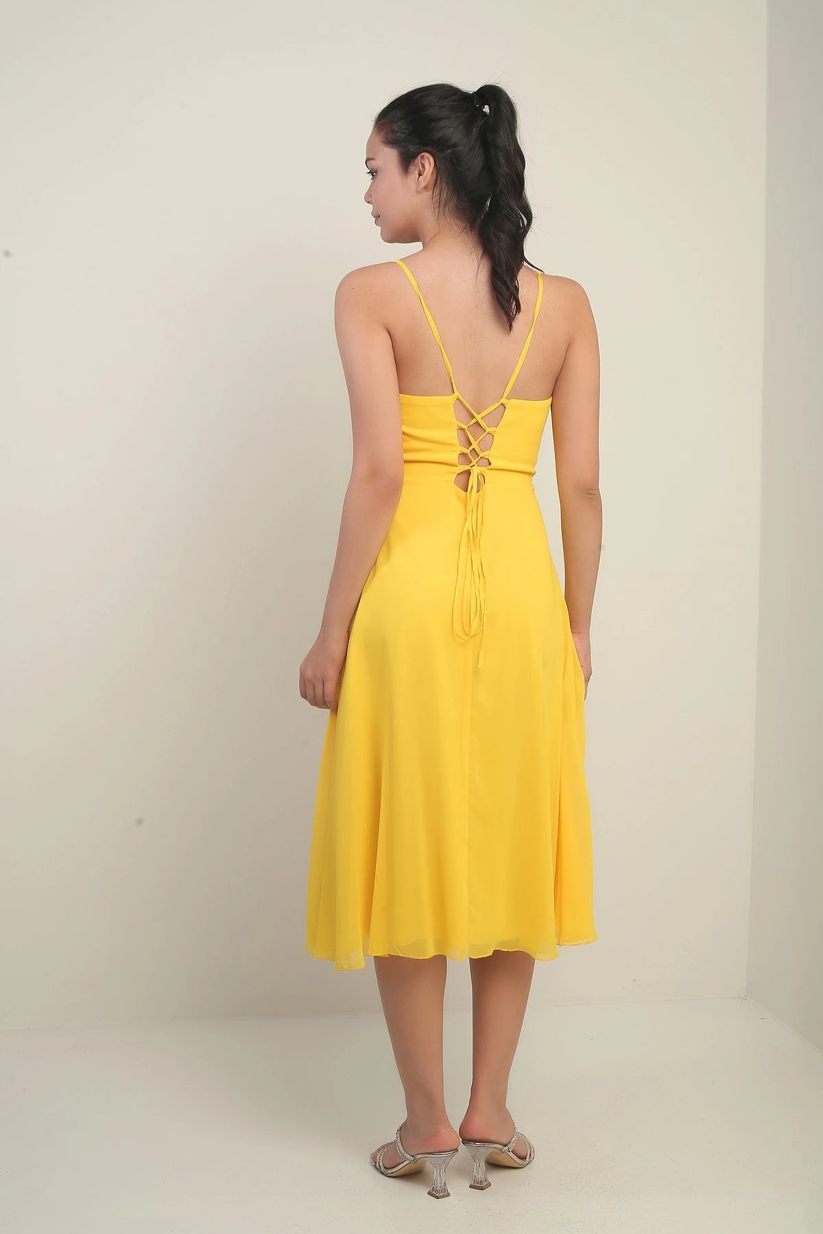 Image of Women's Strappy Wrap Neckline Lined Lace-Up Back Flared Chiffon Dress
