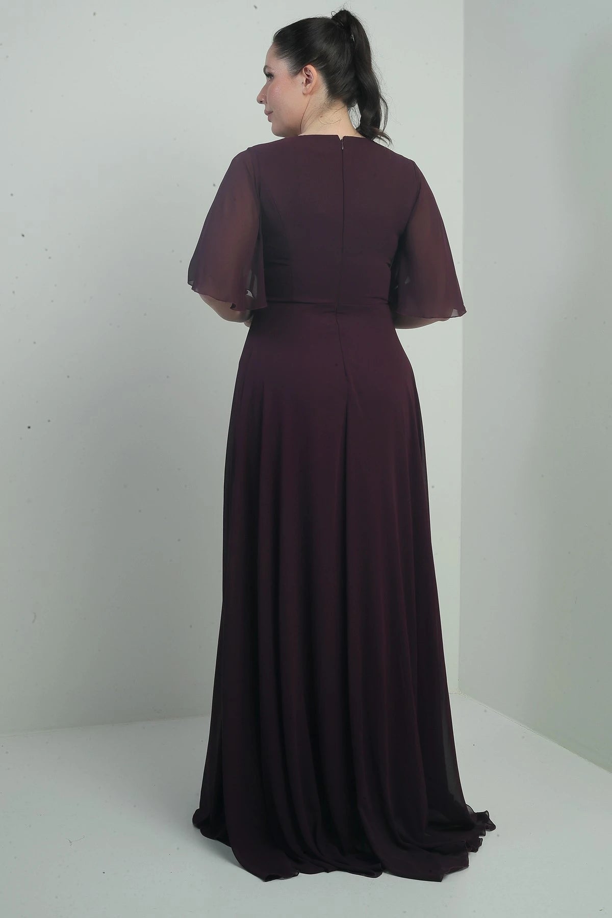 Image of Women's V-Neck, Waistband with Stone Embellishment, Draped, Lined, Plus Size Long Chiffon Dress