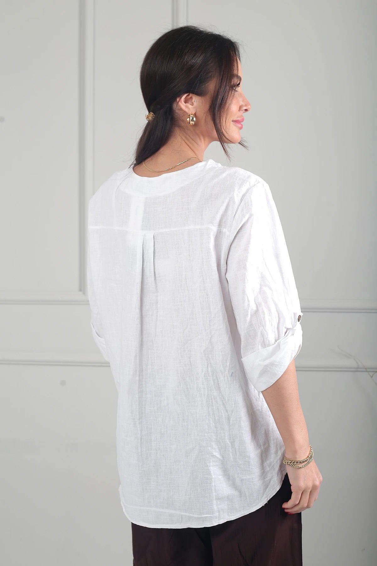Image of Kadın Düğme Detaylı İtalyan Cotton Oversize Bluz