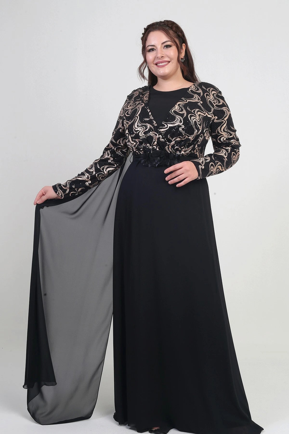 Image of Women's Wrap-Neck Style Sequined Lined Chiffon Long BB Dress