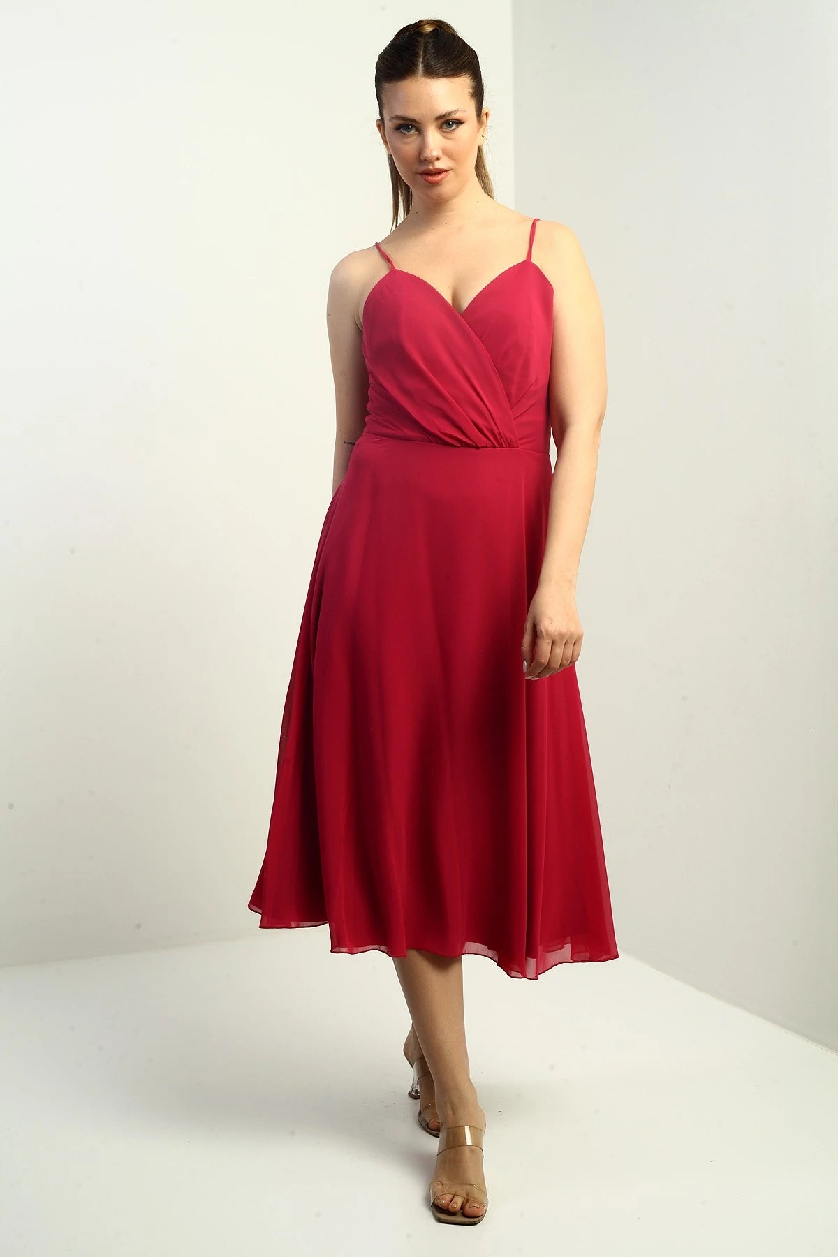 Image of Women's Strappy Wrap Neckline Lined Lace-Up Back Flared Chiffon Dress