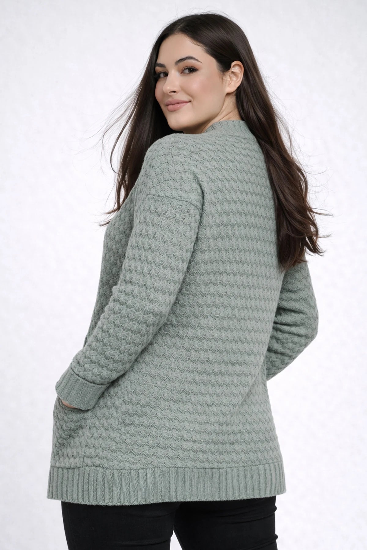 Image of Women's Basket Weave Pattern Pocketed Tunic Cardigan