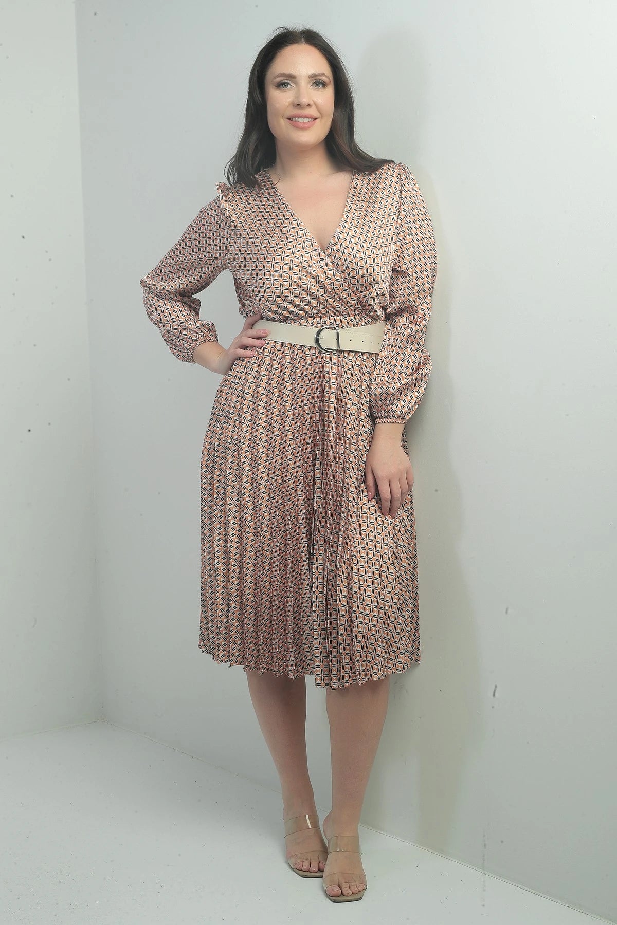 Image of Women's Wrap Neckline Belted Lined Patterned Pleated Midi Satin BB Dress