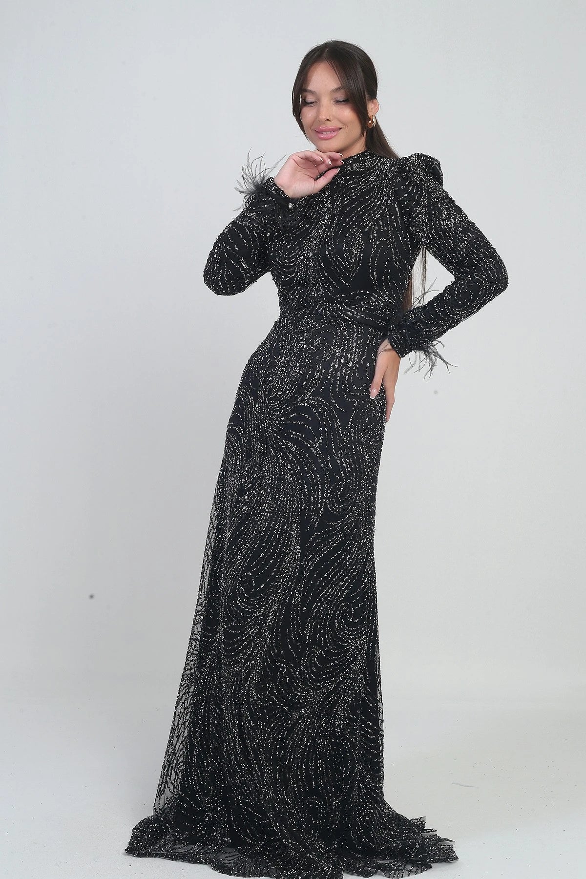 Image of Women's Long Tulle Dress with Feathered Sleeves, Beads and Sequins, and Lining