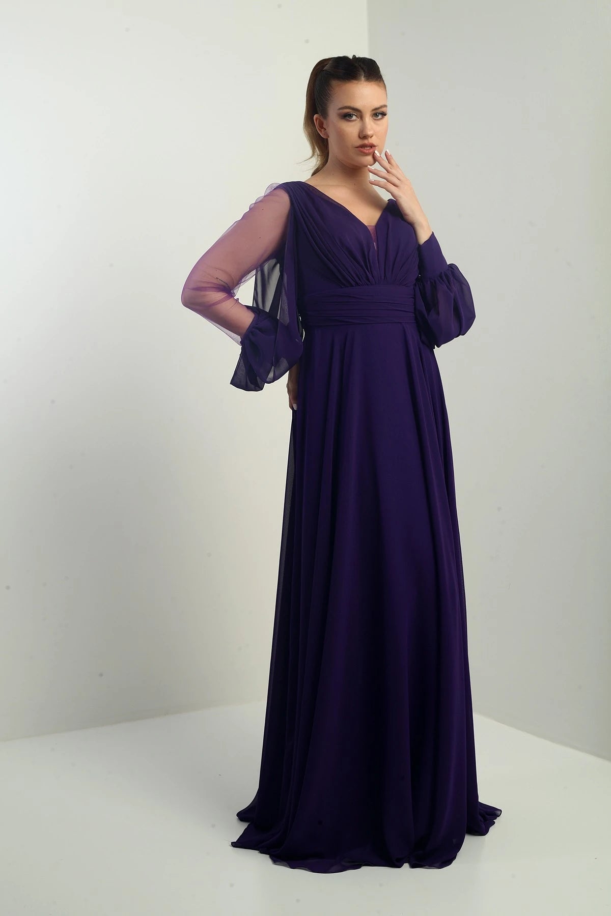 Image of Front and back V-neck, draped front, tulle sleeves, lined, wide-length chiffon dress.