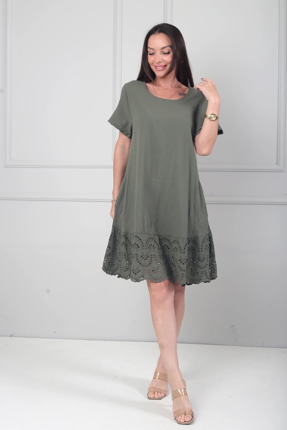 Image of Kadın İtalyan Kısa Kollu Eteği Fisto Astarlı Cepli Cotton Midi Elbise