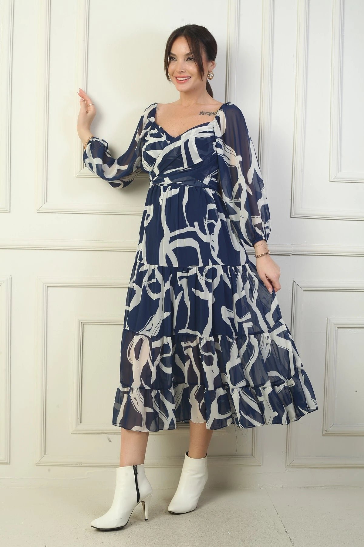 Image of Madonna Neckline Lined Cross-Tie Abstract Pattern Wrap Chiffon Dress