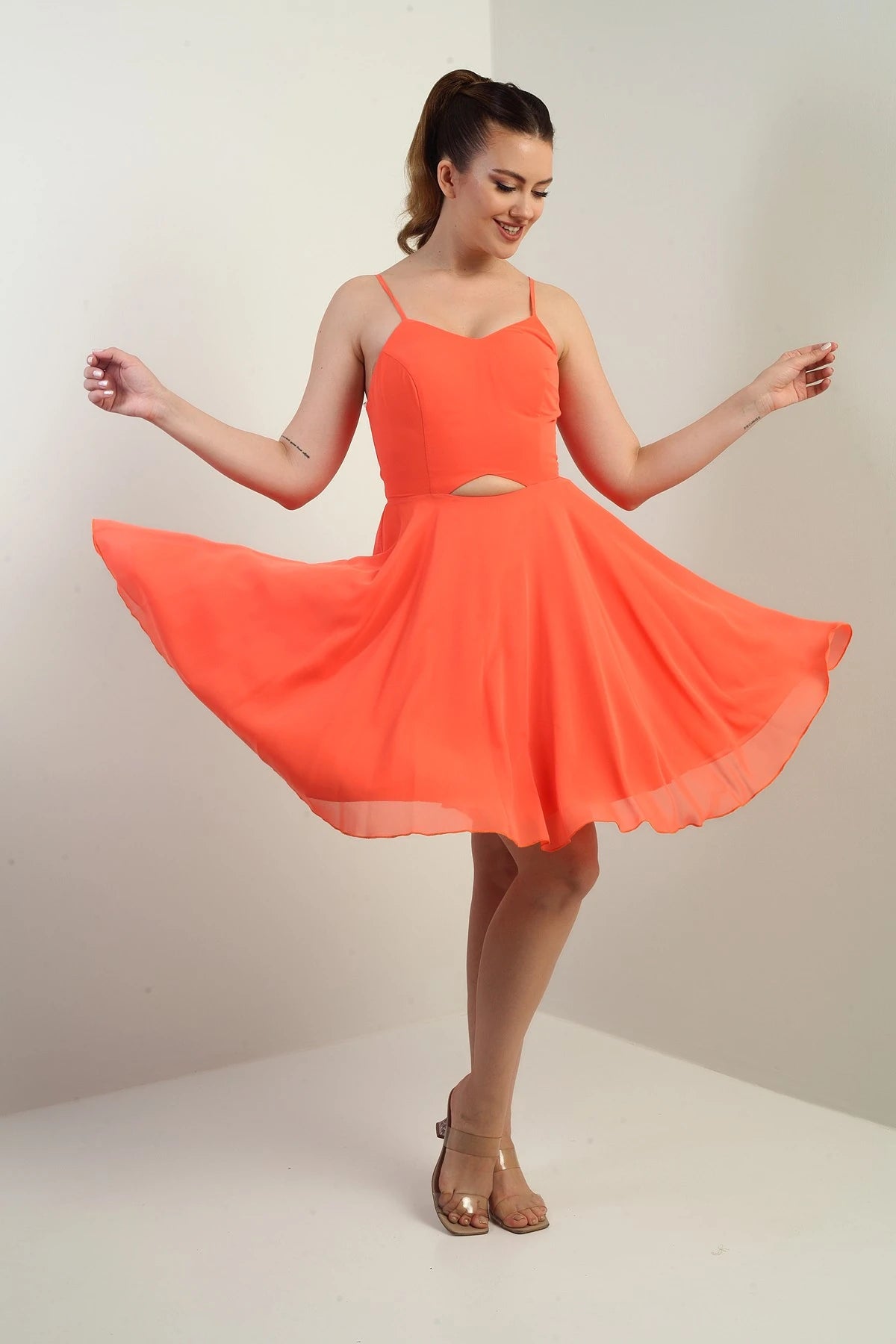 Image of Women's Strappy, Back-Tie, Front-Opening, Lined Chiffon Short Flared Dress