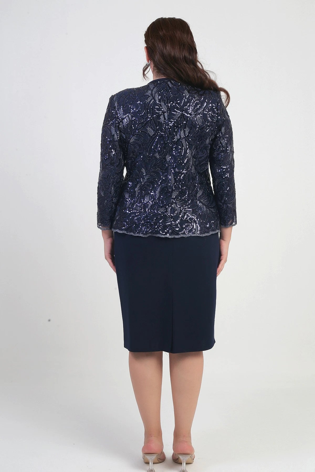 Image of Women's Sequin Embellished Beaded Tulle Jacket, Half-Moon Sleeve Short Dress, Lined Crepe, Plus Size 2-Piece Set