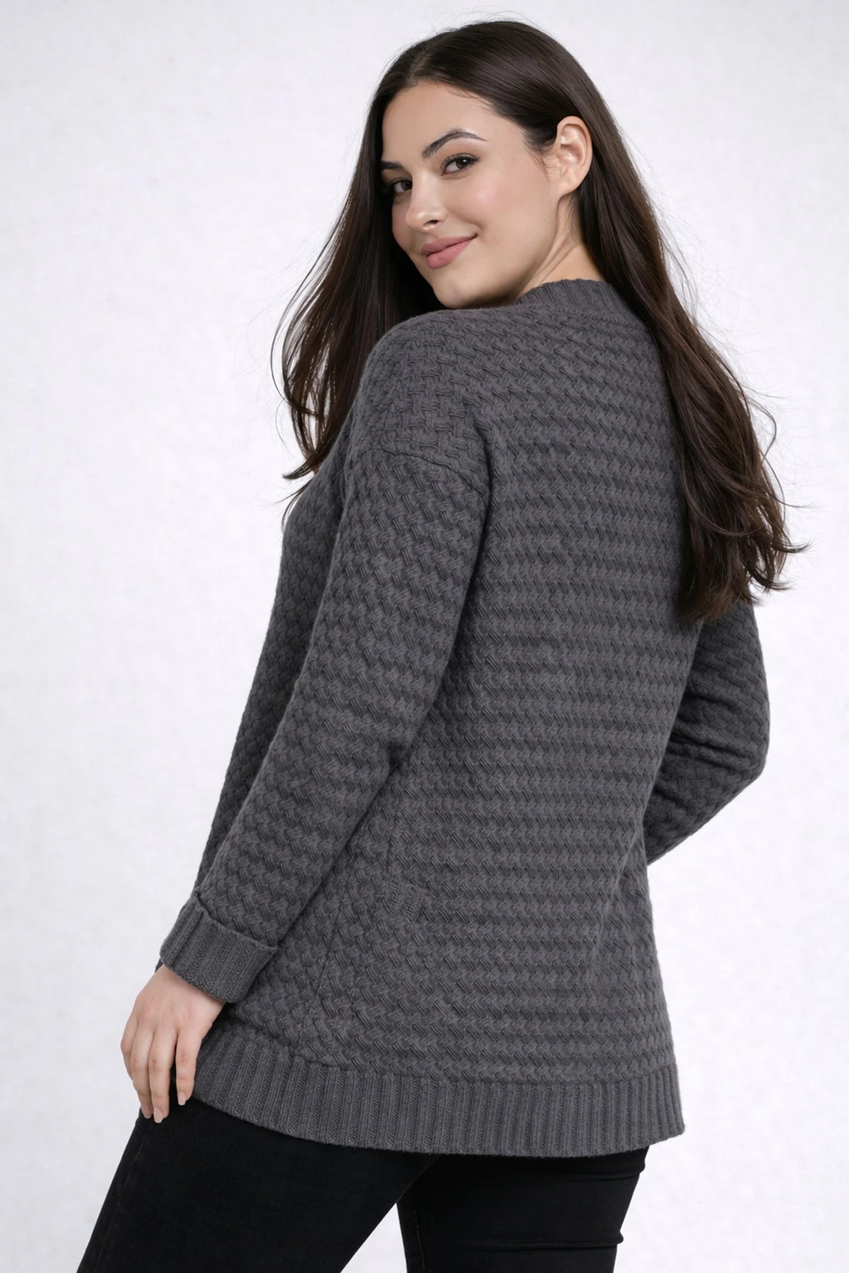 Image of Women's Basket Weave Pattern Pocketed Tunic Cardigan