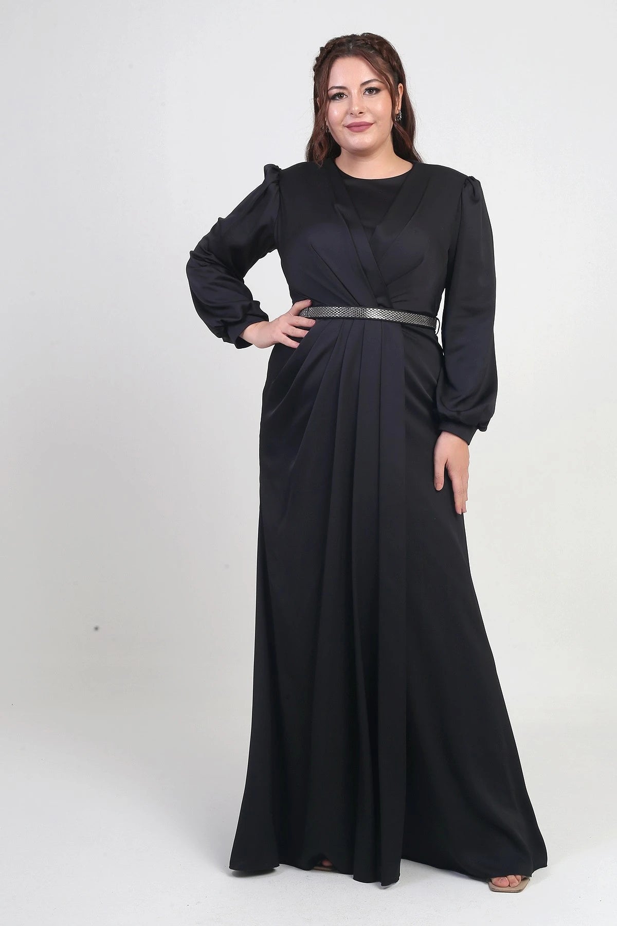 Image of Women's Wrap-Neck Look Pleated Lined Long Satin BB Dress
