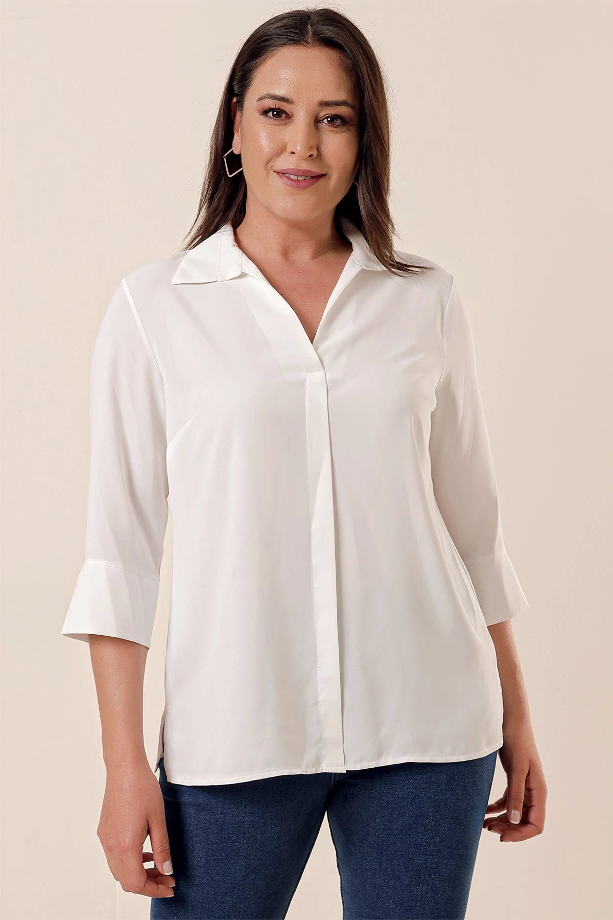 Image of Polo Yaka Çeyrek Kol Büyük Beden Bluz