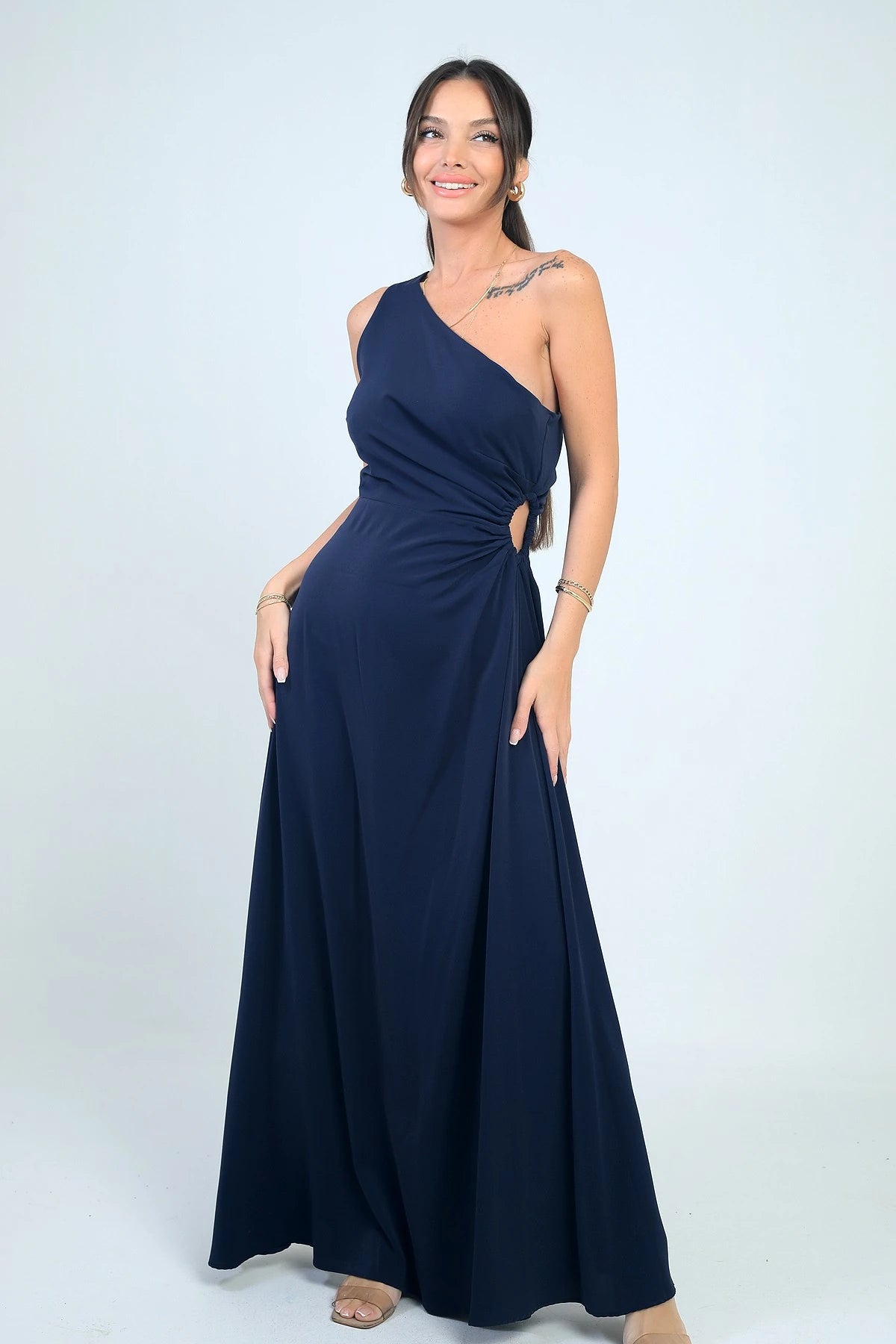 Image of Women's One-Shoulder Long Crepe Satin Dress with Side Window Detail
