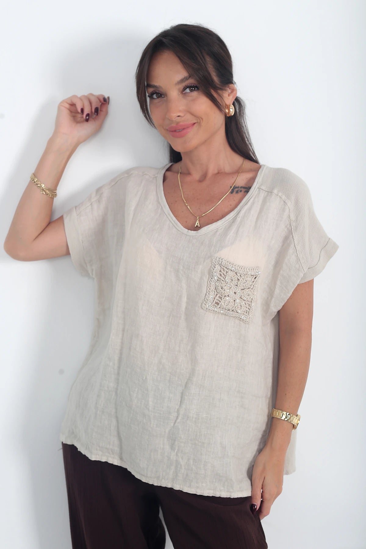 Image of Kadın İtalyan Cotton V Yaka Örgü Dantel Tek Cepli Oversize Keten Bluz