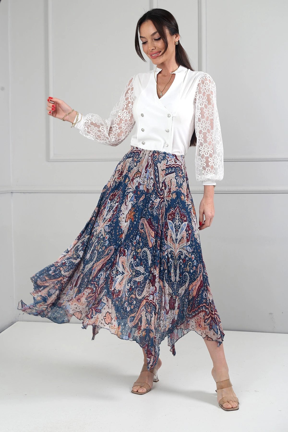 Image of Women's Elastic Waist Lined Shawl Patterned Triangle Midi Skirt