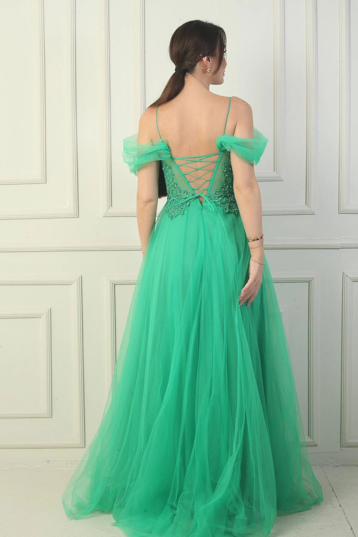 Image of Women's Front and Back V-Neck Lined Dropped Sleeves Princess Evening Dress with Applique Embroidery on Top