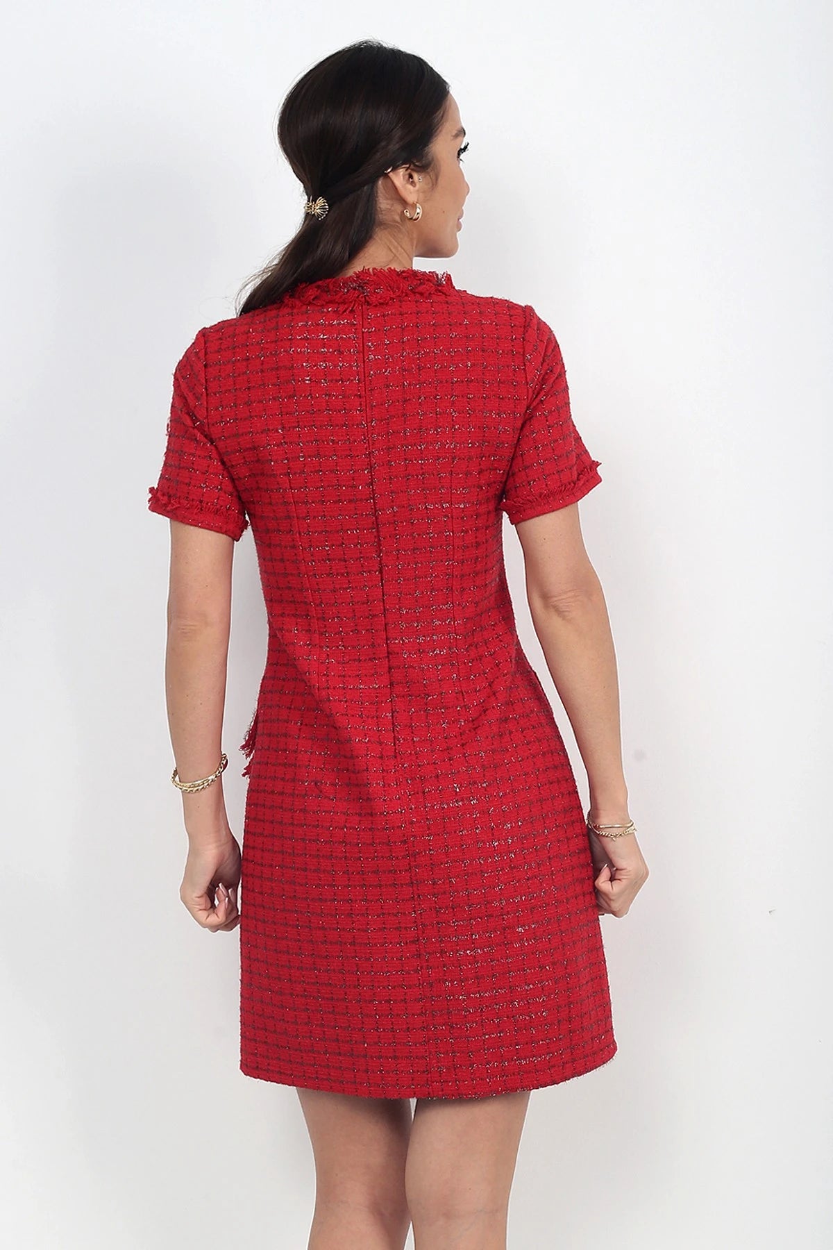 Image of Women's Button Detail Short Sleeve Tassel Chanel Short Dress