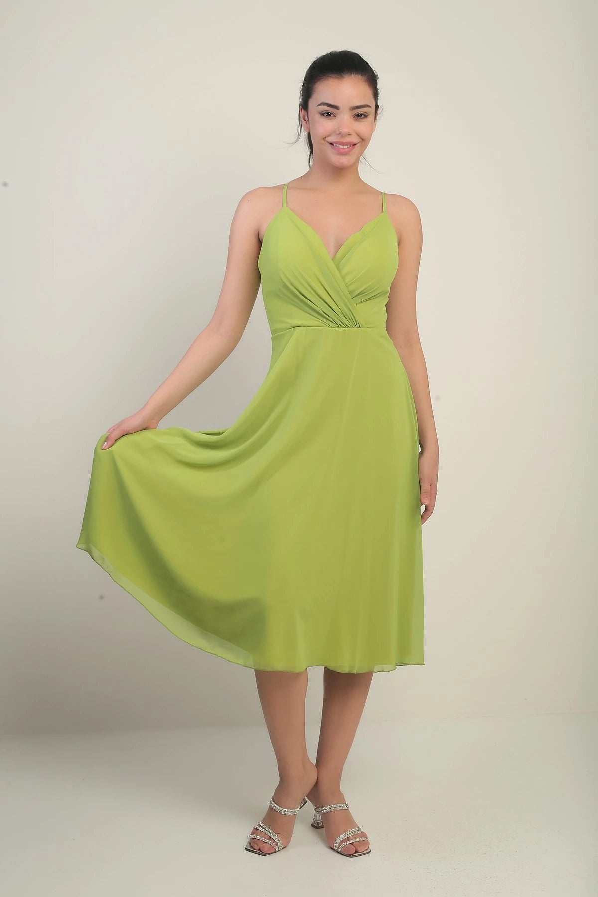 Image of Women's Strappy Wrap Neckline Lined Lace-Up Back Flared Chiffon Dress