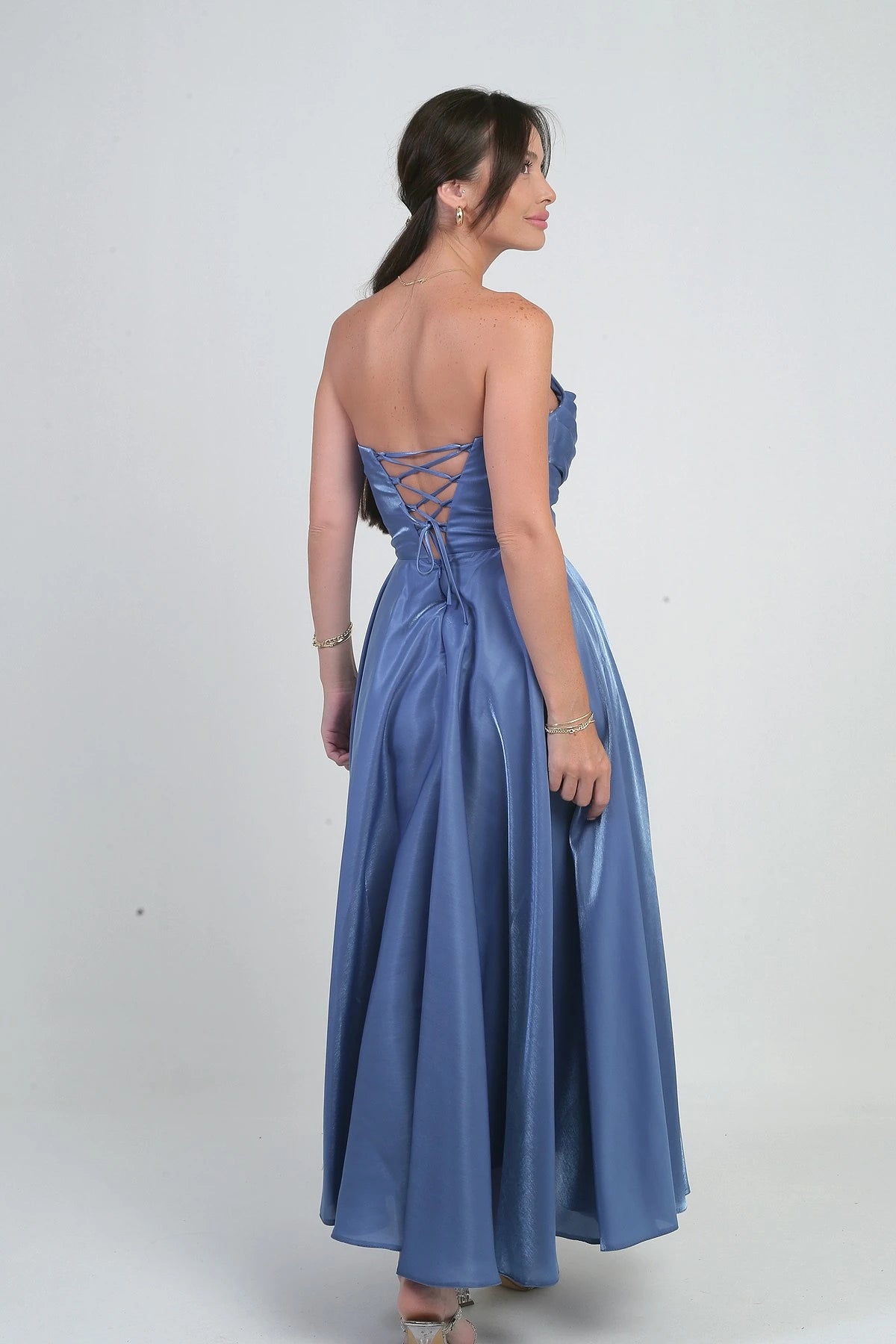 Image of Rochie midi din satin organza, fără bretele, cu decolteu în V pentru femei